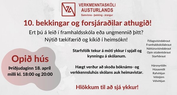 Opið hús fyrir 10. bekkinga og forsjáraðila í Verkmenntaskóla Austurlands