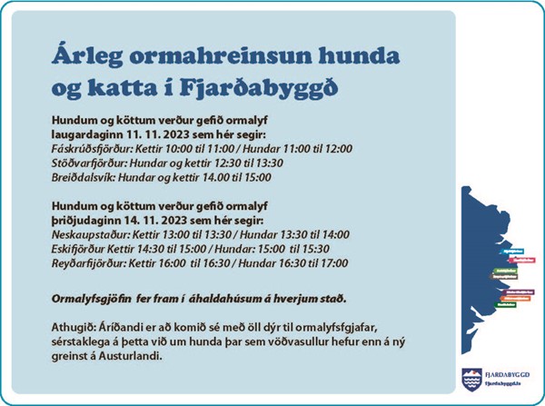 Árleg ormahreinsun hunda og katta í Fjarðabyggð